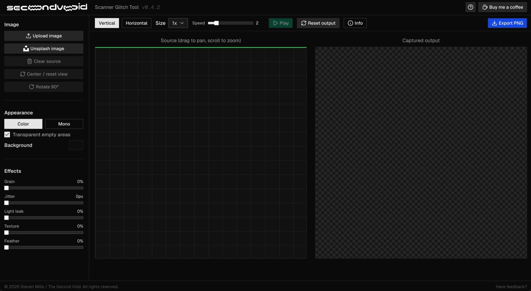 thesecondvoid scanner tool UI, showing the toolbar, source viewport, and output panel